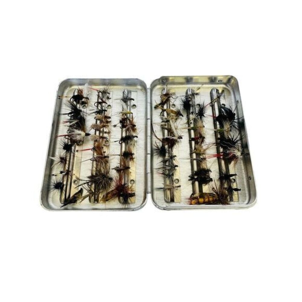 Perrine #66 Aluminum Sterling Quality Tackle Fly Box W/Over 50 Flies Pocket Size